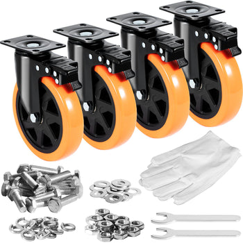 Set of 4 black and orange swivel caster wheels with metal hardware, gloves, and tools for easy installation.