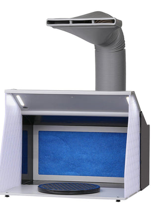 Gray hooded air purification workstation with blue interior and a circular mat, designed for clean and safe workspace.