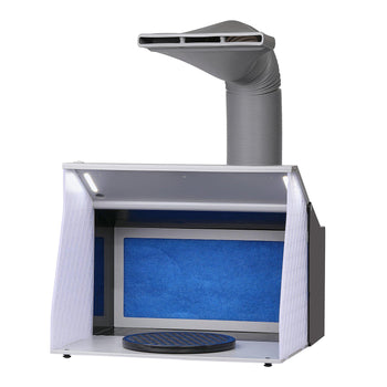 Gray hooded air purification workstation with blue interior and a circular mat, designed for clean and safe workspace.