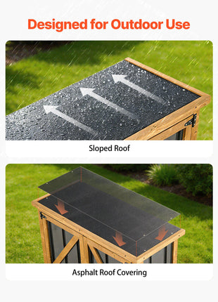 Outdoor Storage Shed, 33.86" x 37.4" Wood & Metal Garden Tool Shed with Lockable Doors & Sloped Roof, Waterproof Outside Storage Cabinet with Shelf & Floor for Backyard Patio Lawn, Black/Brown