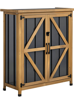 Outdoor Storage Shed, 33.86" x 37.4" Wood & Metal Garden Tool Shed with Lockable Doors & Sloped Roof, Waterproof Outside Storage Cabinet with Shelf & Floor for Backyard Patio Lawn, Black/Brown