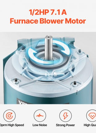 1/2HP Furnace Blower Motor 1720RPM, 115V 7.1A Belt Drive Blower Motor Single Phase - 0.5" Shaft Diameter, 1.6" Shaft Length, CW/CCW Rotation