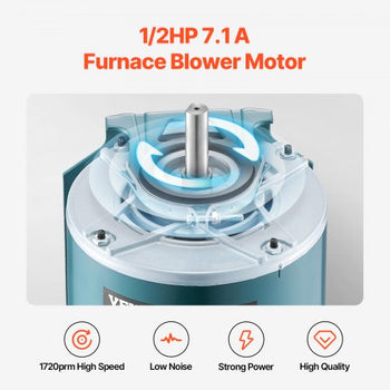 1/2HP Furnace Blower Motor 1720RPM, 115V 7.1A Belt Drive Blower Motor Single Phase - 0.5" Shaft Diameter, 1.6" Shaft Length, CW/CCW Rotation