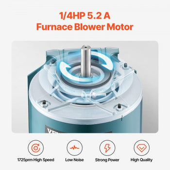 1/4HP Furnace Blower Motor 1725RPM, 115V 5.2A Belt Drive Blower Motor Single Phase - 0.39" Shaft Diameter, 0.78" Shaft Length, CW/CCW Rotation