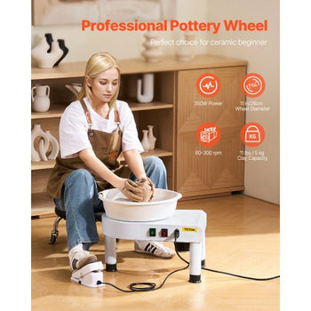 Pottery Wheel, 11 in Ceramic Wheel Forming Machine, 60-300 RPM Speed Adjustable Foot Pedal, Adjustable Lift Leg, Detachable Basin, Complete Tool Accessory Kit for Work Art Craft DIY, White