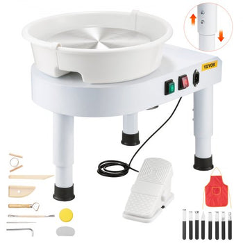 Pottery Wheel, 11 in Ceramic Wheel Forming Machine, 60-300 RPM Speed Adjustable Foot Pedal, Adjustable Lift Leg, Detachable Basin, Complete Tool Accessory Kit for Work Art Craft DIY, White
