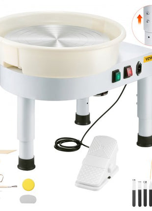 Pottery Wheel, 14 in Ceramic Wheel Forming Machine, 60-300 RPM Adjustable Speed with Foot Pedal Control, Detachable Basin, Adjustable Lift Leg, Complete Accessories for Home Pottery, DIY, White