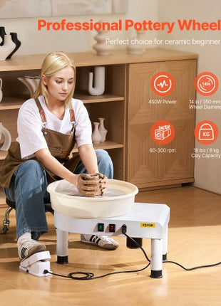 Pottery Wheel, 14 in Ceramic Wheel Forming Machine, 60-300 RPM Speed Adjustable Foot Pedal, Adjustable Lift Leg, Detachable Basin, Complete Tool Accessory Kit for Work Art Craft DIY, White