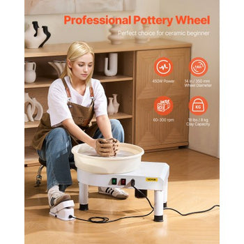 Pottery Wheel, 14 in Ceramic Wheel Forming Machine, 60-300 RPM Speed Adjustable Foot Pedal, Adjustable Lift Leg, Detachable Basin, Complete Tool Accessory Kit for Work Art Craft DIY, White