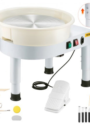 Pottery Wheel, 14 in Ceramic Wheel Forming Machine, 60-300 RPM Speed Adjustable Foot Pedal, Adjustable Lift Leg, Detachable Basin, Complete Tool Accessory Kit for Work Art Craft DIY, White