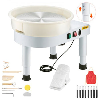 Pottery Wheel, 14 in Ceramic Wheel Forming Machine, 60-300 RPM Speed Adjustable Foot Pedal, Adjustable Lift Leg, Detachable Basin, Complete Tool Accessory Kit for Work Art Craft DIY, White