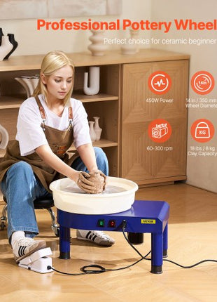 Pottery Wheel, 14 in Ceramic Wheel Forming Machine, 60-300 RPM Speed Adjustable Foot Pedal, Adjustable Lift Leg, Detachable Basin, Complete Tool Accessory Kit for Work Art Craft DIY, Blue
