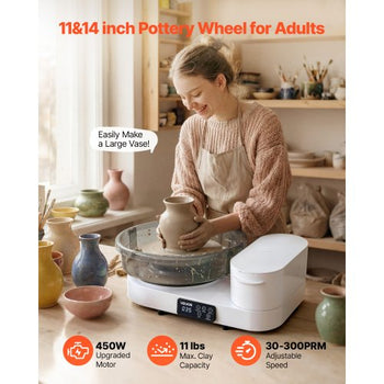 Pottery Wheel for Adults, 14" and 11" Turntables, 450W Electric Table Top Pottery Wheel with Foot Pedal, 30-300 RPM Adjustable Speed, Aluminum Body, for Beginners, DIY Clay Art Craft, White