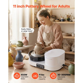 Pottery Wheel for Adults, 11" Aluminum Turntable, 450W Electric Table Top Pottery Wheel with Foot Pedal, 30-300 RPM Adjustable Speed, Aluminum Body, for Beginners, DIY Clay Art Craft, White