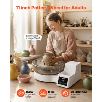 Pottery Wheel for Adults, 11" Aluminum Turntable, 450W Electric Table Top Pottery Wheel with Foot Pedal, 30-300 RPM Adjustable Speed, Detachable Basin, for Beginners, DIY Clay Art Craft, White