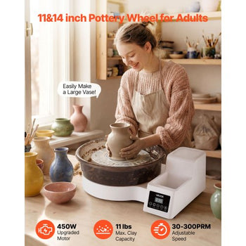 Pottery Wheel for Adults, 14" and 11" Turntables, 450W Electric Table Top Pottery Wheel with Foot Pedal, 30-300 RPM Adjustable Speed, Detachable Basin, for Beginners, DIY Clay Art Craft, White