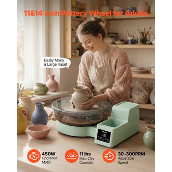 Pottery Wheel for Adults, 14" and 11" Turntables, 450W Electric Table Top Pottery Wheel with Foot Pedal, 30-300 RPM Adjustable Speed, Detachable Basin, for Beginners, DIY Clay Art Craft, Green