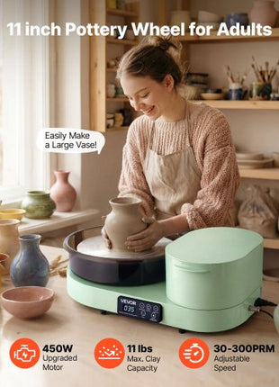 Pottery Wheel for Adults, 11" Aluminum Turntable, 450W Electric Table Top Pottery Wheel with Foot Pedal, 30-300 RPM Adjustable Speed, Aluminum Body, for Beginners, DIY Clay Art Craft, Green
