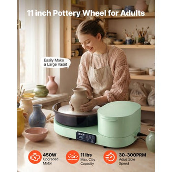 Pottery Wheel for Adults, 11" Aluminum Turntable, 450W Electric Table Top Pottery Wheel with Foot Pedal, 30-300 RPM Adjustable Speed, Aluminum Body, for Beginners, DIY Clay Art Craft, Green