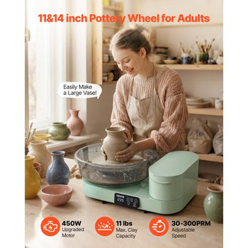 Pottery Wheel for Adults, 14" and 11" Turntables, 450W Electric Table Top Pottery Wheel with Foot Pedal, 30-300 RPM Adjustable Speed, Aluminum Body, for Beginners, DIY Clay Art Craft, Green