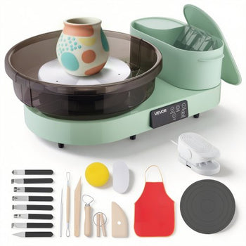 Pottery Wheel for Adults, 14" and 11" Turntables, 450W Electric Table Top Pottery Wheel with Foot Pedal, 30-300 RPM Adjustable Speed, Aluminum Body, for Beginners, DIY Clay Art Craft, Green