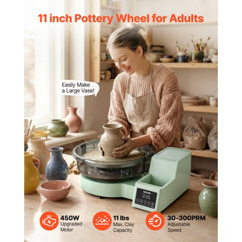 Pottery Wheel for Adults, 11" Aluminum Turntable, 450W Electric Table Top Pottery Wheel with Foot Pedal, 30-300 RPM Adjustable Speed, Detachable Basin, for Beginners, DIY Clay Art Craft, Green