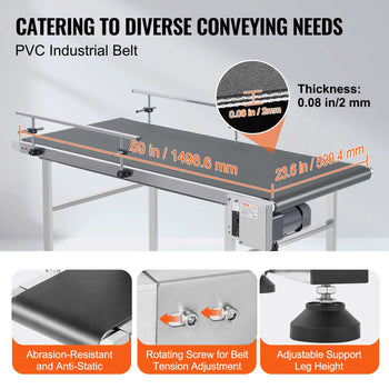 Belt Conveyor, 59 x 23.6 inch Conveyor Table, Heavy Duty Stainless Steel Motorized Belt Conveyor for Inkjet Coding Applications Powered PVC Belt Anti-Static Adjustable Speed (Double Guardrail)