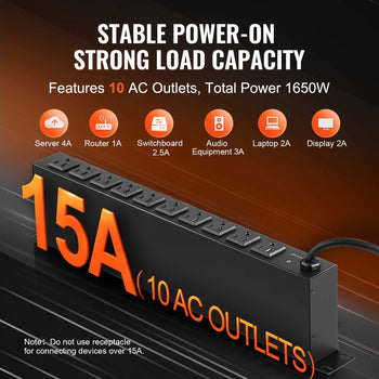 1U PDU, 10 Outlets, Rack Mount Power Strip Fits Standard 19" Server Racks, with Independent Switch Surge Protection & Overload Protection, 110-125V/15A, Ideal for Home and Office