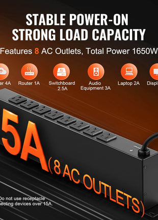 1U PDU, 8 Outlets, Rack Mount Power Strip Fits Standard 19" Server Racks, with Integrated Switch Surge Protection & Overload Protection, 110-125V/15A, Ideal for Home and Office