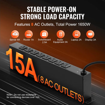 1U PDU, 8 Outlets, Rack Mount Power Strip Fits Standard 19" Server Racks, with Integrated Switch Surge Protection & Overload Protection, 110-125V/15A, Ideal for Home and Office