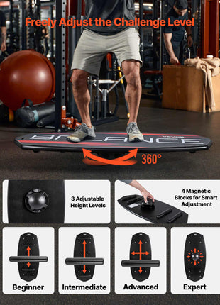 Balance Board, 3-Level Height Adjustable Wobble Board Trainer for Adults, Premium Wooden Balance Training Equipment, with Roller, Magnetic Stoppers, Storage Rack, for Core Workouts, Surf Trainer