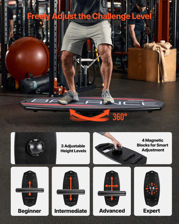 Balance Board, 3-Level Height Adjustable Wobble Board Trainer for Adults, Premium Wooden Balance Training Equipment, with Roller, Magnetic Stoppers, Storage Rack, for Core Workouts, Surf Trainer