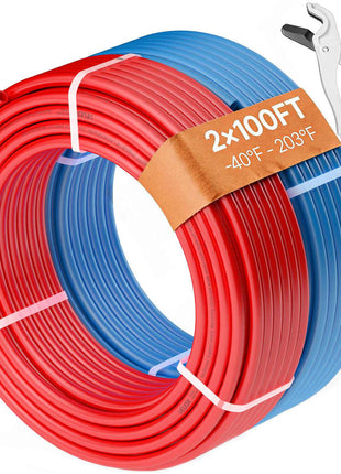 Coiled red and blue polyethylene tubing, 2x100FT, withstands temperatures from -40°F to 203°F, ideal for plumbing projects.