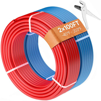 Coiled red and blue polyethylene tubing, 2x100FT, withstands temperatures from -40°F to 203°F, ideal for plumbing projects.