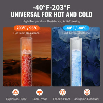 Universal temperature gauge with red liquid for hot (203°F) and blue ice for cold (-40°F) resistance, explosion-proof design.
