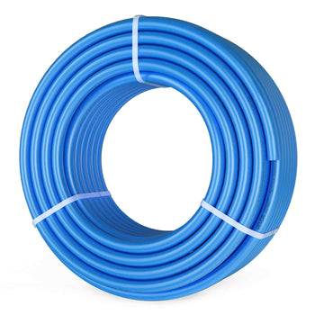 Blue PVC garden hose, 100 feet, flexible, durable material, ideal for watering plants and outdoor use.