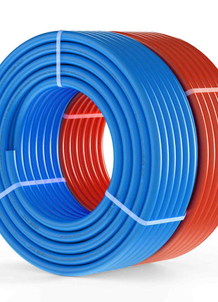 Blue and red flexible PVC tubing rolls, ideal for plumbing and irrigation, featuring durable construction and tangle-free design.