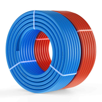 Blue and red flexible PVC tubing rolls, ideal for plumbing and irrigation, featuring durable construction and tangle-free design.