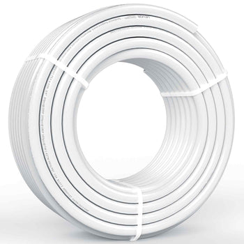 White PVC irrigation tubing, 100 feet long, flexible, durable, ideal for garden and landscape use.