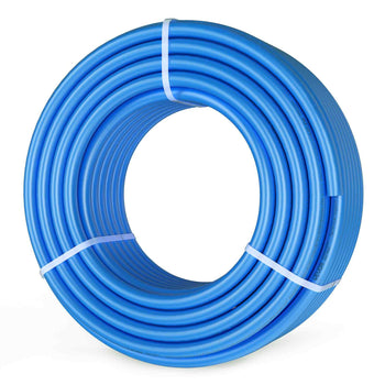 Blue PVC plumbing hose coil, durable, flexible, ideal for water supply and irrigation, 100 feet in length.