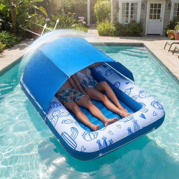 Inflatable Pool Float with UPF 50+ Canopy, 82" x 55" Large Tanning Pool Floating Lounger for Adults, 550LBS Capacity Sunbathing Lounger Floaties with Pillow, Phone & Cup Holder for Water Fun