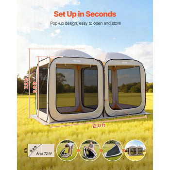 Screen House Tent, 12 x 6 ft, 2 in 1 Pop Up Screen Tent, Portable Screened in Canopy with Carry Bag, Netting Sides, Ground Stakes, for Garden, Patio, Backyard, and Outdoor Activities, Beige