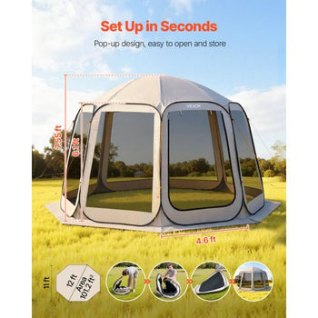 Screen House Tent, 12 x 11 ft, 10-12 Person Pop Up Screen Tent, Portable Screened in Canopy with Carry Bag, Netting Sides, Ground Stakes, for Garden, Patio, Backyard, Outdoor Activities, Beige