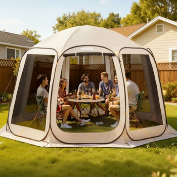 Screen House Tent, 12 x 11 ft, 10-12 Person Pop Up Screen Tent, Portable Screened in Canopy with Carry Bag, Netting Sides, Ground Stakes, for Garden, Patio, Backyard, Outdoor Activities, Beige