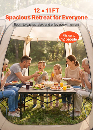 Screen House Tent, 12 x 11 ft, 10-12 Person Pop Up Screen Tent, Portable Screened in Canopy with Carry Bag, Netting Sides, Ground Stakes, for Garden, Patio, Backyard, Outdoor Activities, Beige