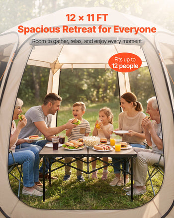 Screen House Tent, 12 x 11 ft, 10-12 Person Pop Up Screen Tent, Portable Screened in Canopy with Carry Bag, Netting Sides, Ground Stakes, for Garden, Patio, Backyard, Outdoor Activities, Beige