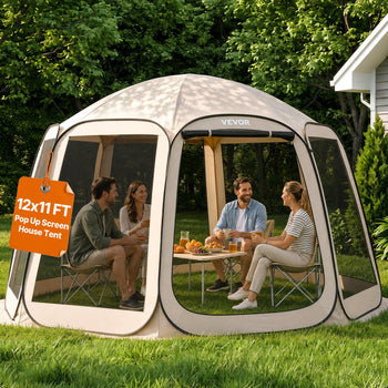 Screen House Tent, 12 x 11 ft, 10-12 Person Pop Up Screen Tent, Portable Screened in Canopy with Carry Bag, Netting Sides, Ground Stakes, for Garden, Patio, Backyard, Outdoor Activities, Beige