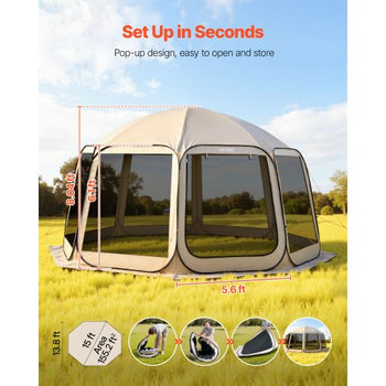Screen House Tent, 15 x 13.8 ft, 12-15 Person Pop Up Screen Tent, Portable Screened in Canopy with Carry Bag, Netting Sides, Ground Stakes, for Garden, Patio, Backyard, Outdoor Activities, Beige