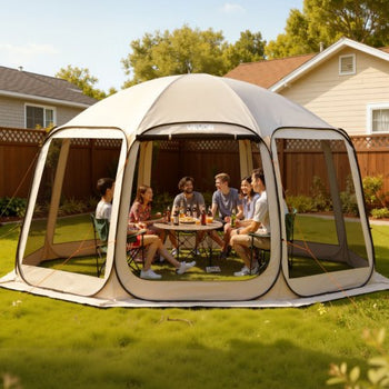 Screen House Tent, 15 x 13.8 ft, 12-15 Person Pop Up Screen Tent, Portable Screened in Canopy with Carry Bag, Netting Sides, Ground Stakes, for Garden, Patio, Backyard, Outdoor Activities, Beige