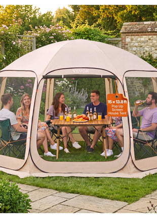 Screen House Tent, 15 x 13.8 ft, 12-15 Person Pop Up Screen Tent, Portable Screened in Canopy with Carry Bag, Netting Sides, Ground Stakes, for Garden, Patio, Backyard, Outdoor Activities, Beige